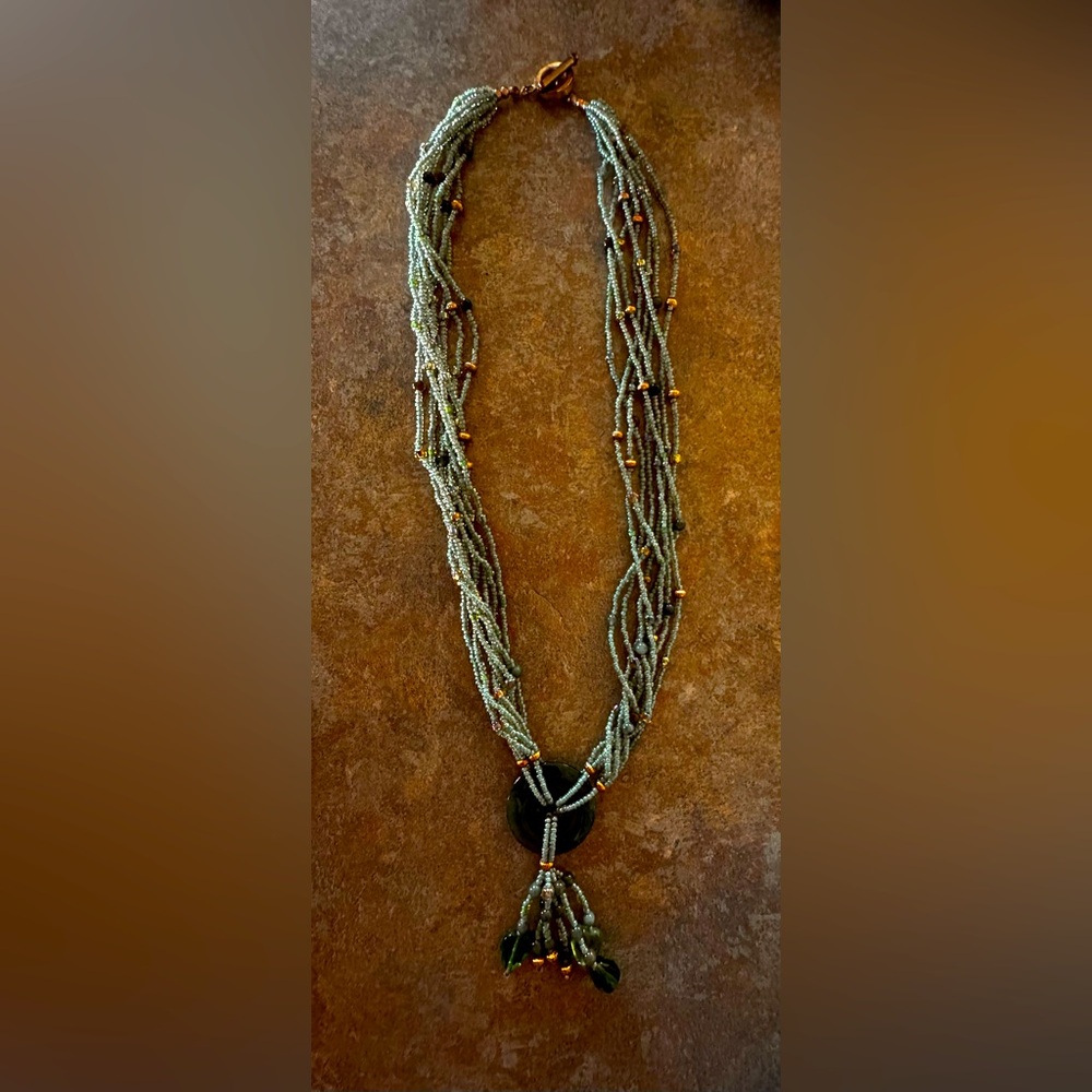 Jade green beaded multi layer necklace with jade pendant